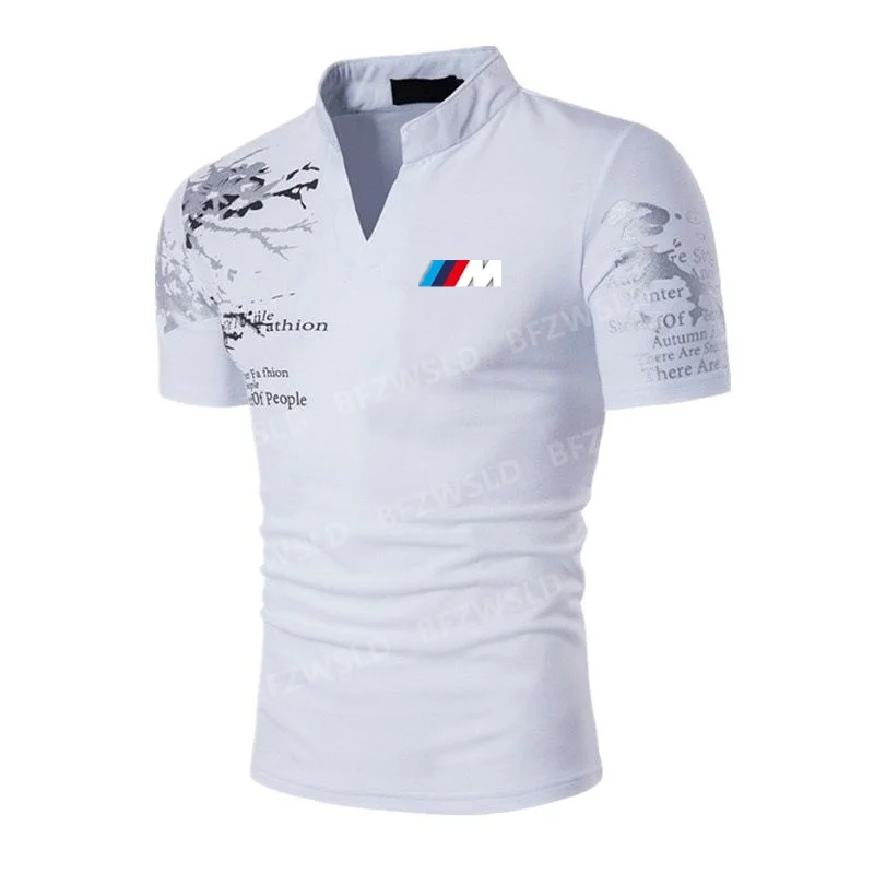 

Футболка мужская с воротником-стойкой, модная короткая рубашка с принтом логотипа спортивного автомобиля BMW, контрастная Футболка, лето