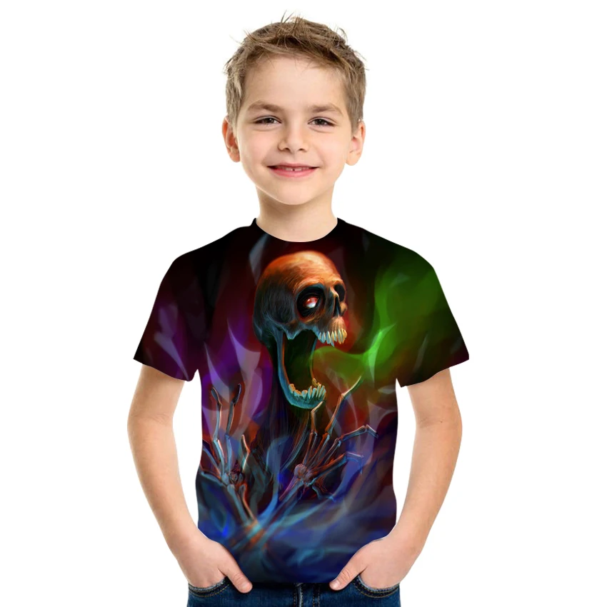 

2021 Summer Boys 3D Printing Milk Silk Fabric Skull Cool Pattern Casual Loose T-shirt 4T-16T Size