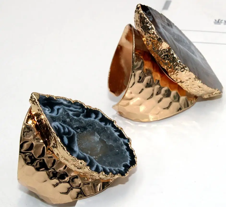 Большая Золотая оправа винтажные синие и фиолетовые жеодовые кристаллы цветок