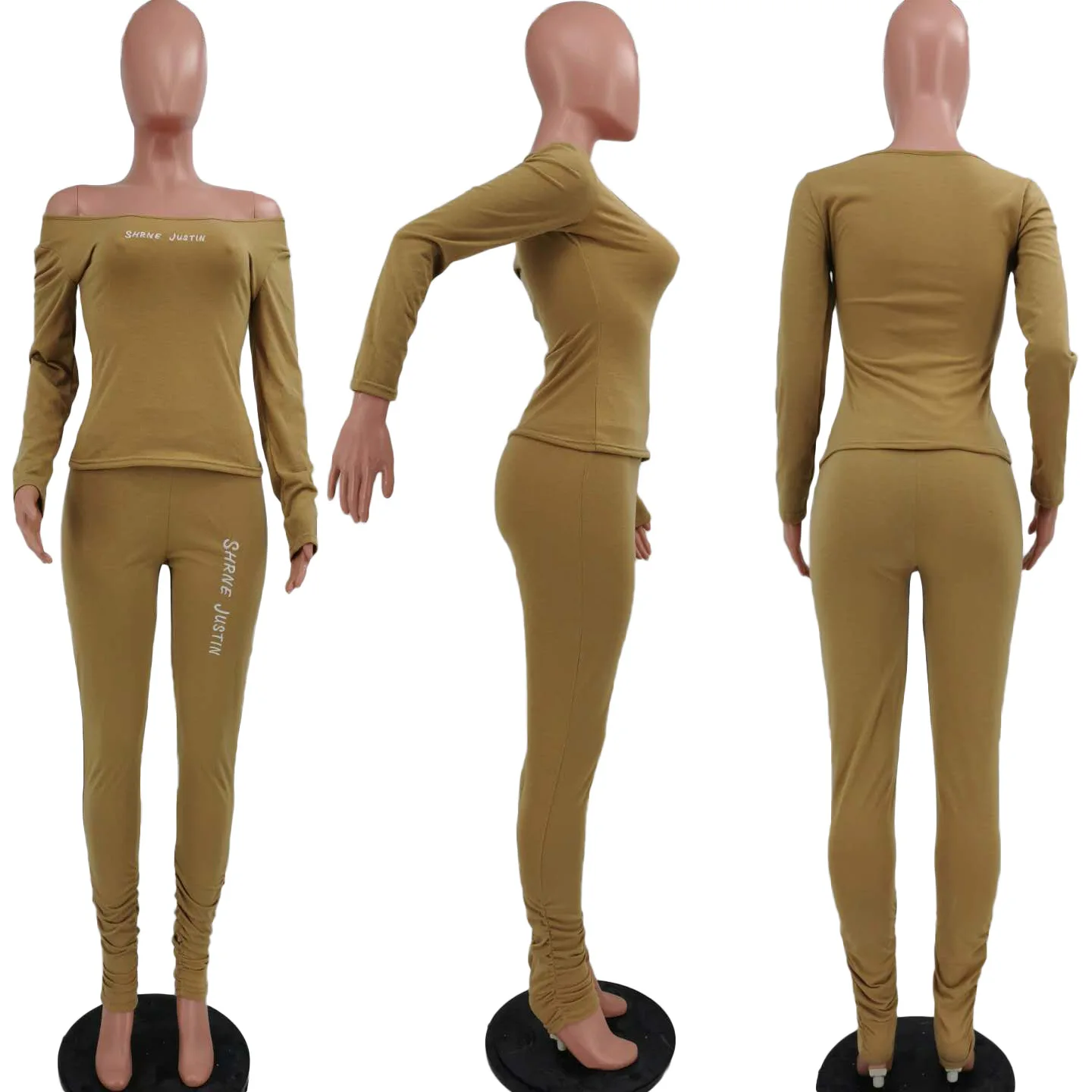 

Letter Embroidery Fitness Tracksuit Women 2 Piece Suit O Neck Long Sleeve T-shirt and Stacked Legging Loungewear Skinny Outfits