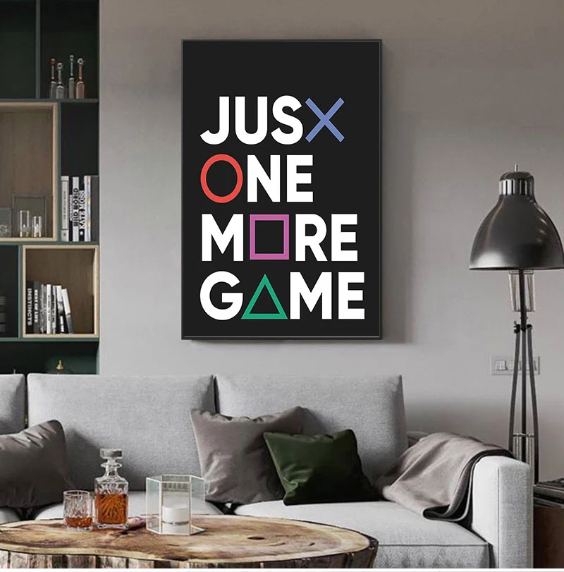 

Just One More Game Poster Prints Gamer Joystick Symbols Gamepad Controller Boys Room Wall Art Canvas Painting Man Cave Decor