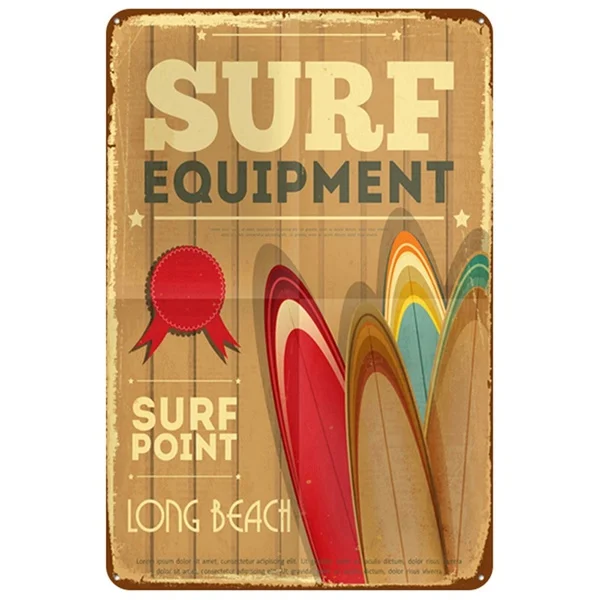 

Surf Equipment Surf Point Long Beach Metal Tin Sign 8x12 Inch Retro Home Kitchen Bedroom Living Room Bar Pub Wall Decor