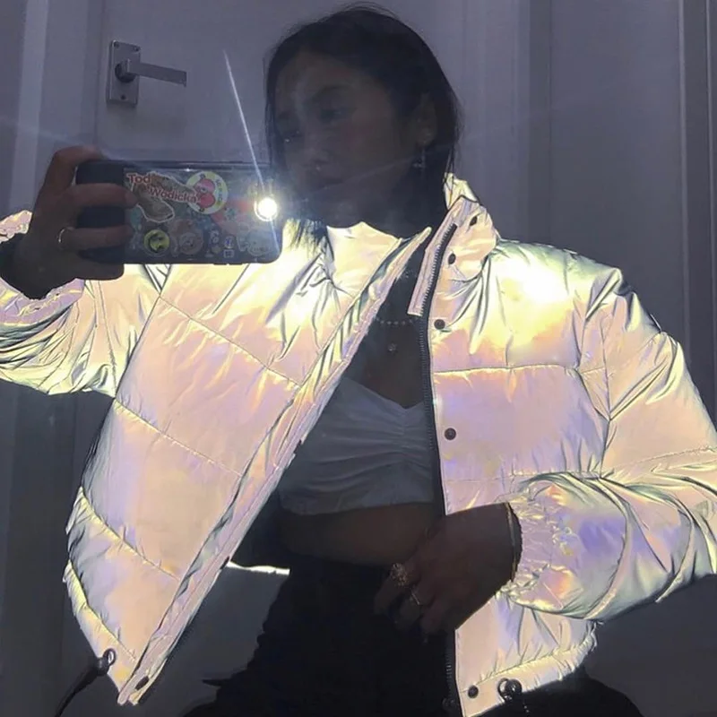 

Women Oversize Cropped Jacket Night Reflective Solid Gray Zipper Button Winter Coat Female Warm Loose Long Sleeve Chaqueta Mujer