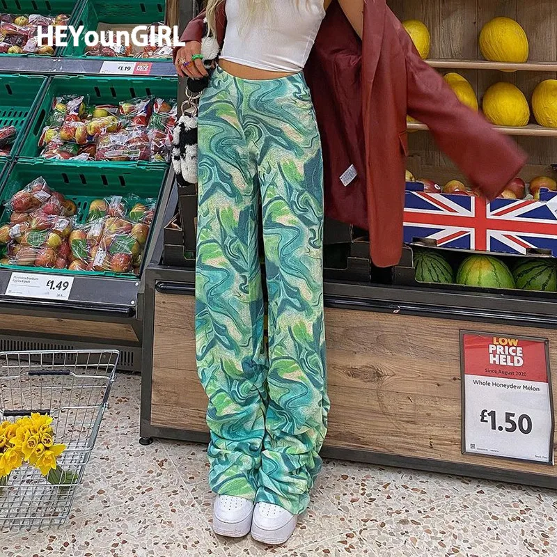 

HEYounGIRL Casual High Waisted Stacked Pants Ruched Printed Hip Hop Long Trousers Fashion Streetwear Sweatpants Summer Y2K 90s
