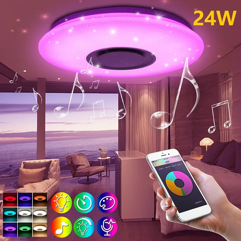 Lámpara de techo RGB de música regulable, control remoto y aplicación 24/48/60W, luces de techo, AC85-265V para el hogar, Altavoz bluetooth, accesorio de iluminación