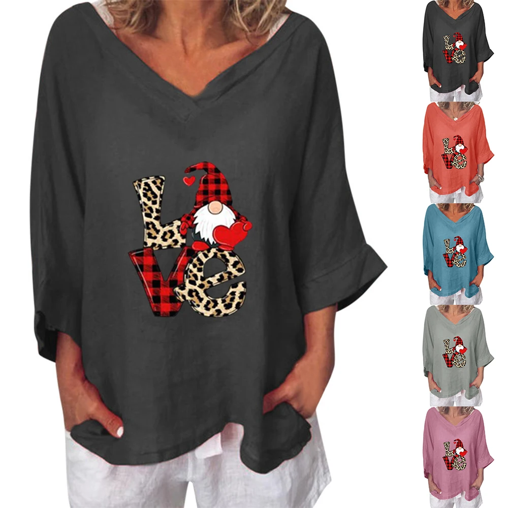 

Christmas Women V Neck 3/4 Sleeve Pullover Casual T-shirt Love Printed Loose Tops Casual Blouse Ladies Printed Tops Wear Clothes
