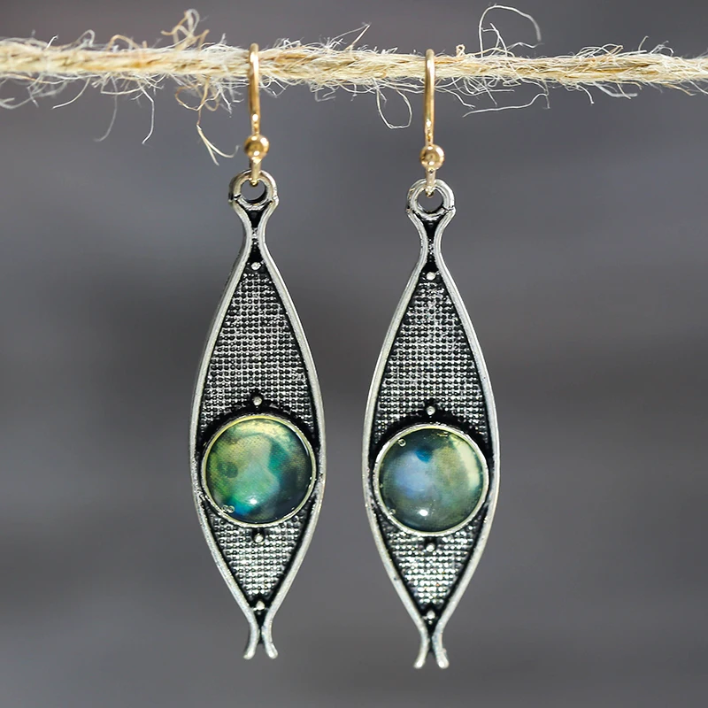 

Vintage Blue Opal Resin Stone Earrings For Women Ethnic Tribal Handmade Metal Fish Hanging Dangle Z3D364