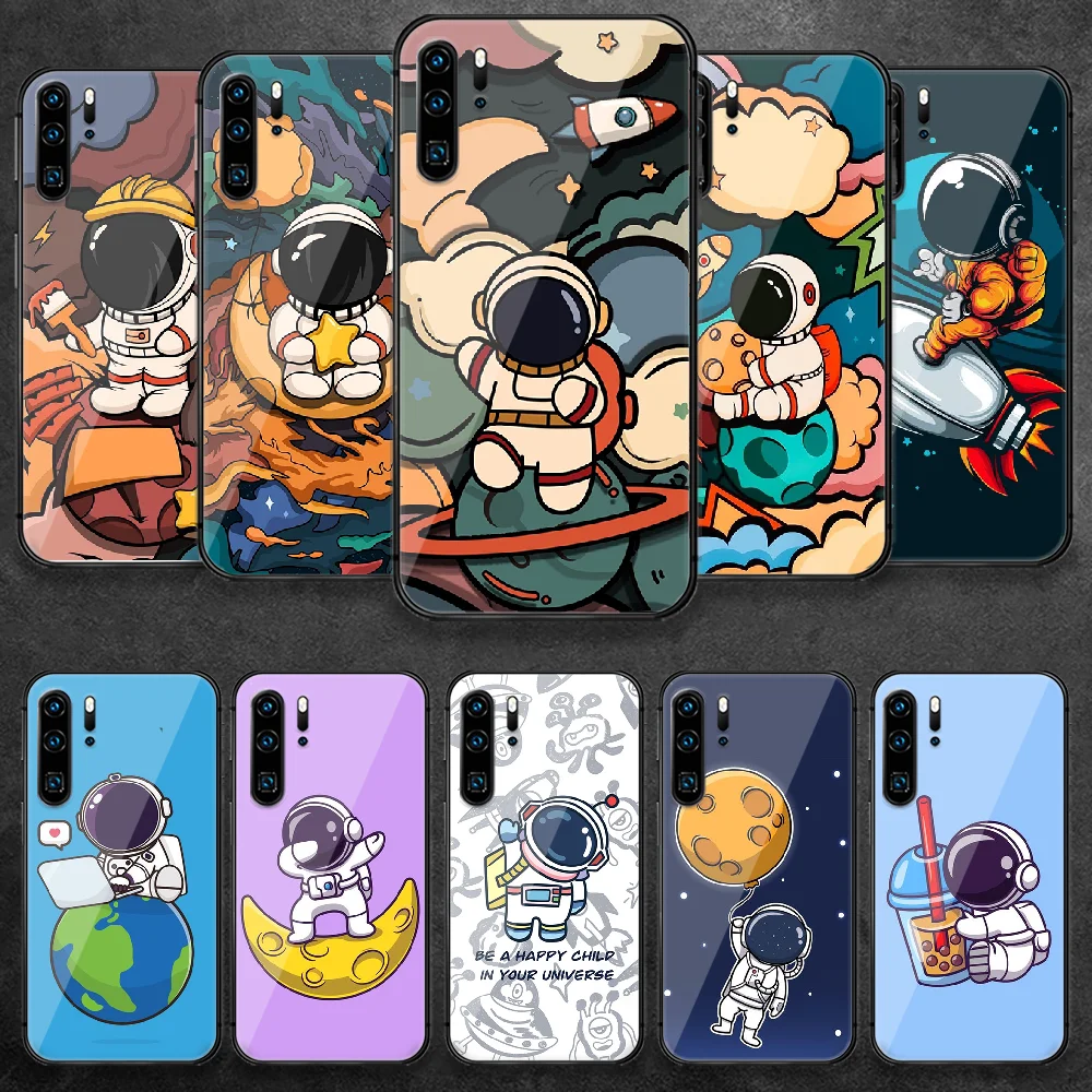 

Cute Astronaut Graphic Art Tempered Glass Phone Case For Huawei Honor Nova 5T P 10 20 30 40 50 7 8 9 i Smart A X Pro Lite Cover