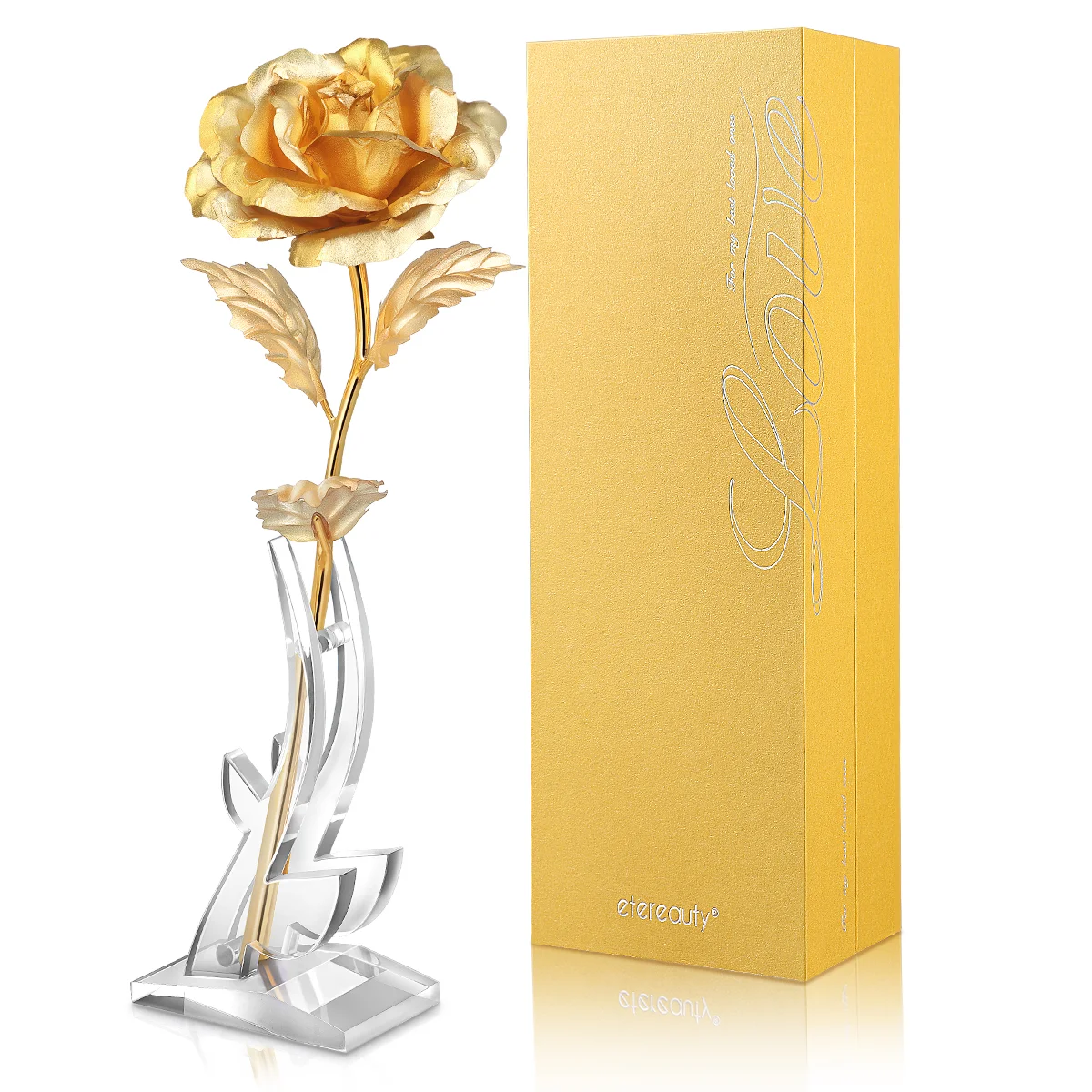 

ETEREAUTY Blooming Gold Foiled 24K Roses Flower Birthday Valentine's Day Anniversary Gift with Greeting Souvenir Box (Golden)