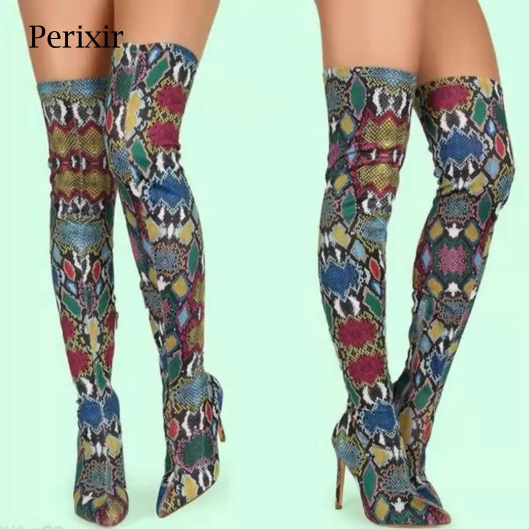 

2020 Spring Autumn Women Boots Snake Print Stretch Slim Thigh High Boots Fashion Over the Knee Boots High Heels Sexy Shoes Woman