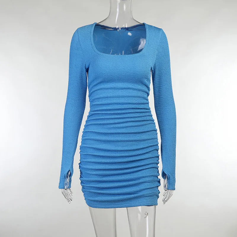 

Sexy Pleated Slim Mini Dress Fall 2021 Women's Long-Sleeved Square Neck Cotton Tight-Fitting Dress For Ladies Party Night