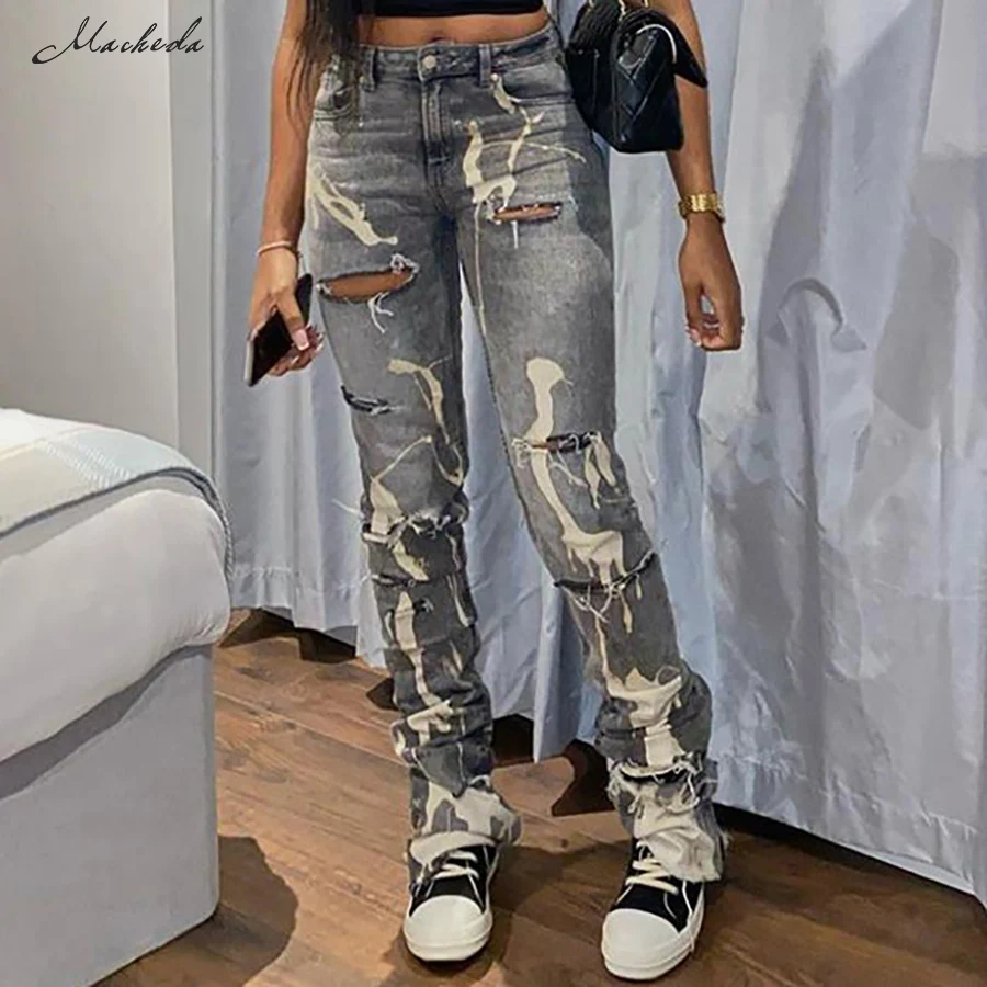 

Macheda Summer Fashion Ripped Slim Jeans Women High Waist Printing Street Casual Cowboy Straight Trousers Clothing 2021 New