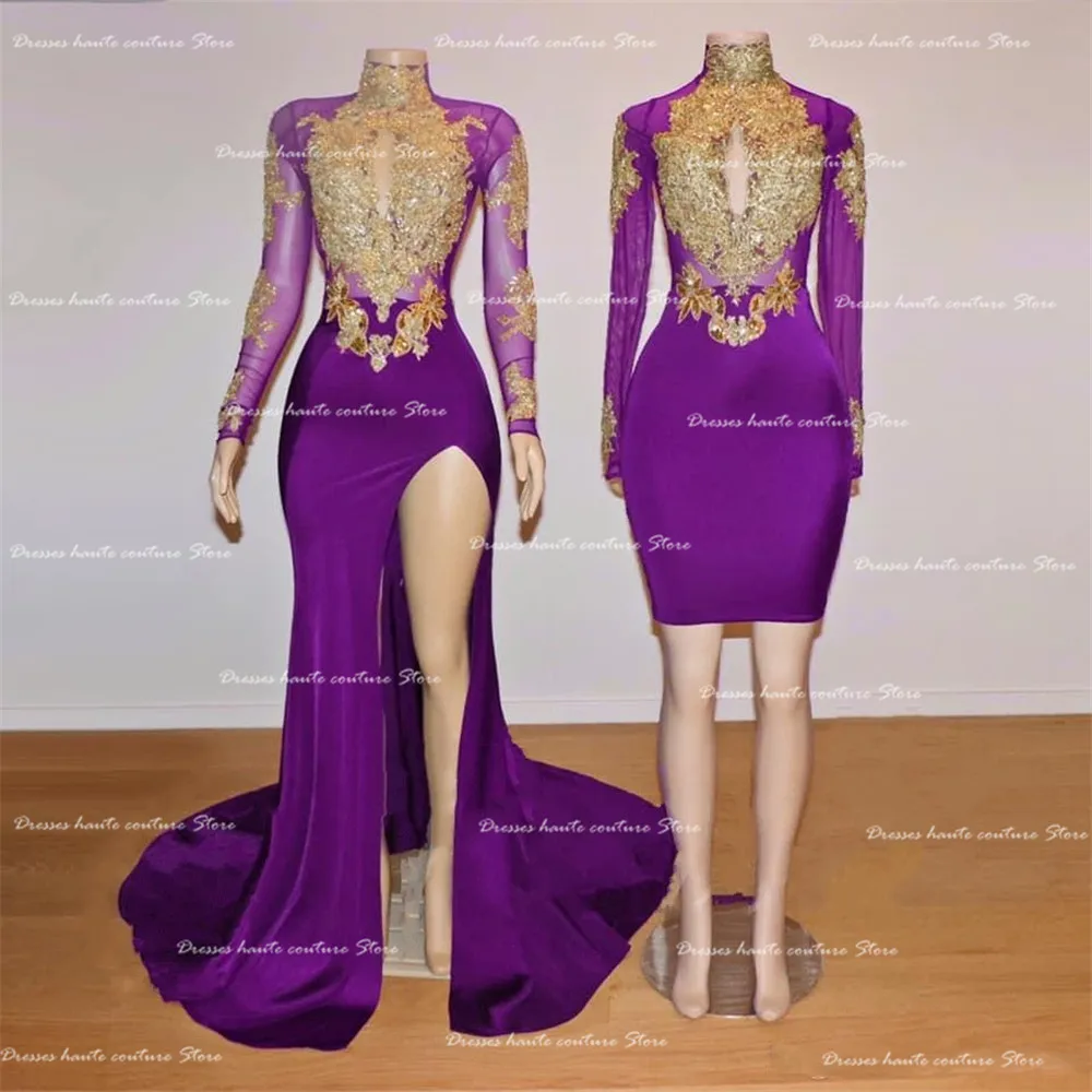 

Sexy Grape Long Sleeve High Neck Mermaid Prom Dresses Sequins High Slit Sheer With Gold Lace Applique Long African Evening Dress