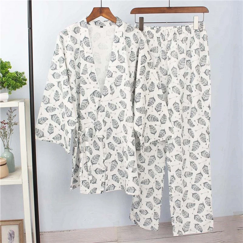 Хлопковое японское кимоно, одежда для сна для самураев, мужские топы Haori+ штаны, комплект одежды, традиционная Мужская пижама-кимоно, ночная рубашка Jinbei