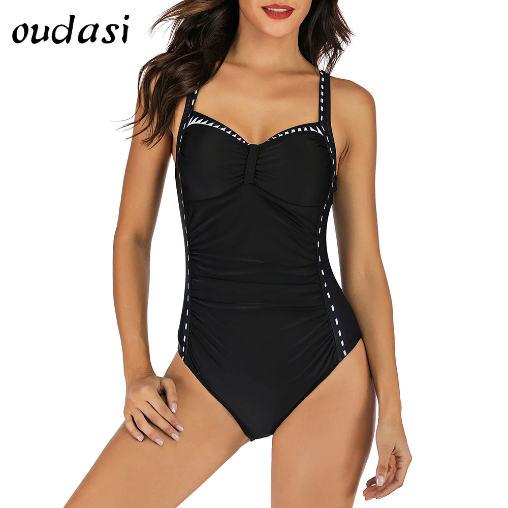 

2021 New Vintage One Piece Swimsuit Women Swimwear Push Up Bathing Suit Ruched Tummy Control Monokini Retro Plus Size Beachwear
