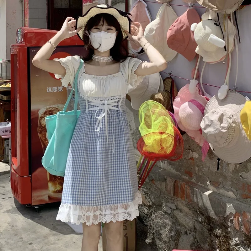 

2021 Summer New Women Korean Soft Girl Baby Doll Mini Dress Japanese Sweet Cute Lace Up Puff Sleeve Plaid Dress Y2k Kawaii Dress