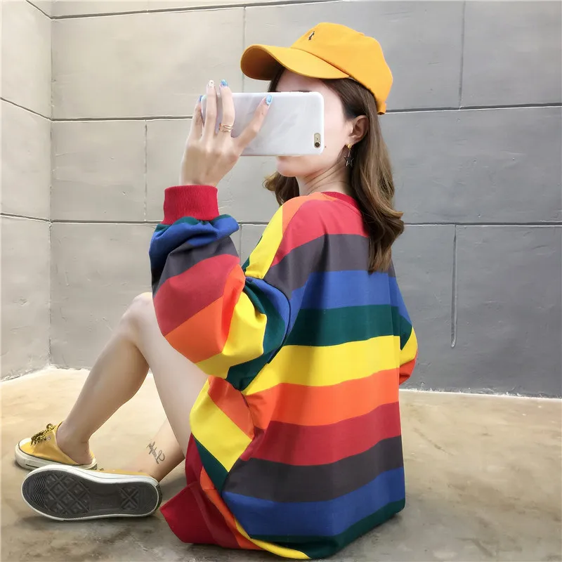 

QRWR 2020 Autumn Women weatshirt Fashion Rainbow Striped Casual Long Sleeve Hoodies Loose O Neck Oversized Hoodies Women