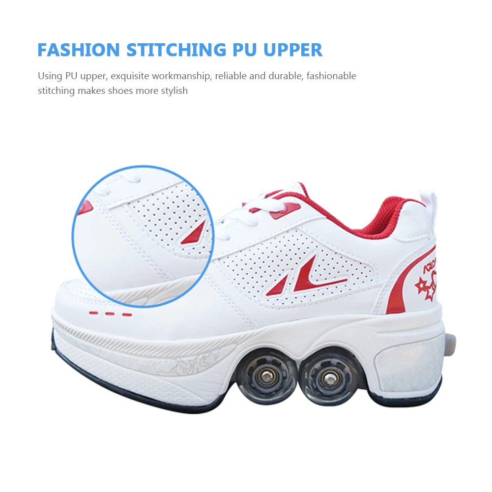 

Deformation Parkour Shoes Four wheels Rounds of Running Shoes Roller Skates shoes adults kids unisex PU Walk Skates Shoes