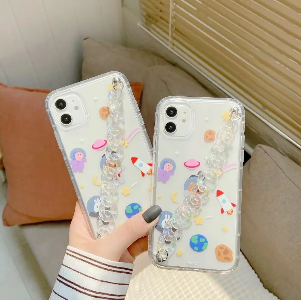

Cute Astronaut Planet Bracelet Phone Case For iPhone 12 11 Pro Max X XR XS Max TPU Transparent Back Covers For iPhone 7 8 Plus