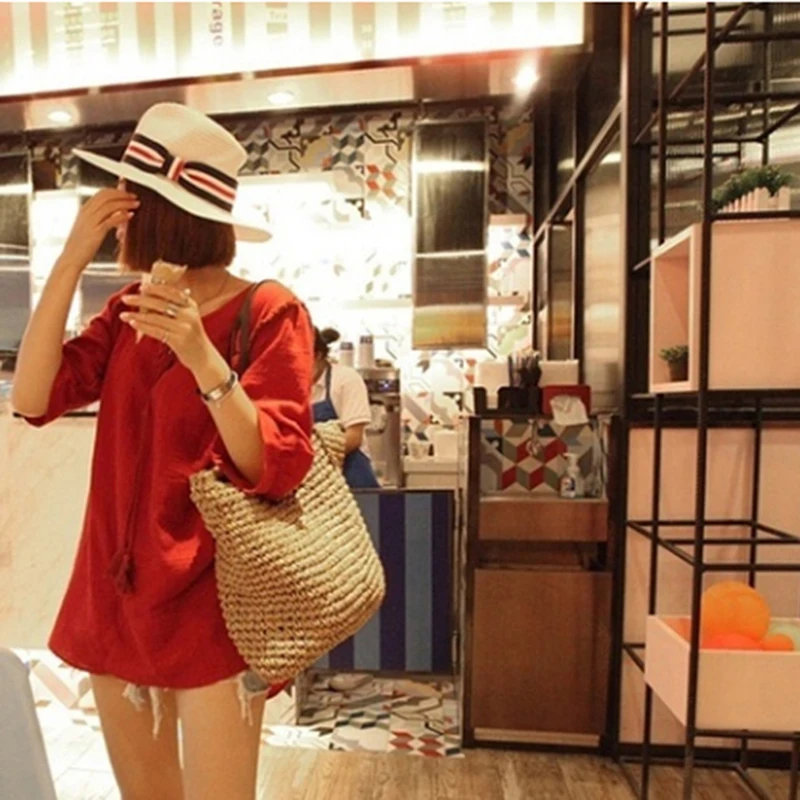 

Women Summer Beach Vintage Handmade Knitted Straw Rattan Bag Large Shoulder Bags Boho Woven Handbag Tote Bolso Playa