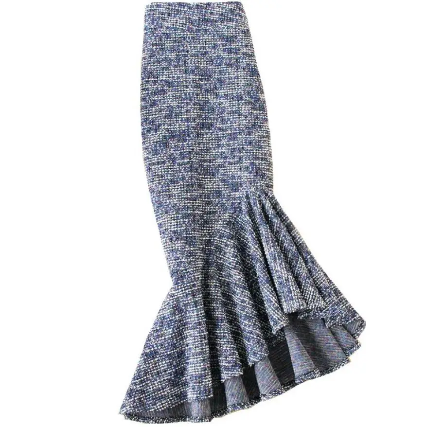 

autumn winter vintage tweed woolen skirt women high waist package hip mermaid trumpet skirt