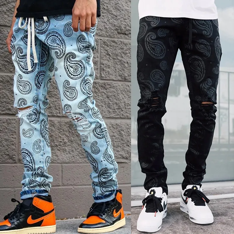 

2021 New Fashion Ripped Men Jeans Slim Denim Trousers Vintage Pattern Printing Tie-dye Denims Pants Men Streetwear Pencil Pants