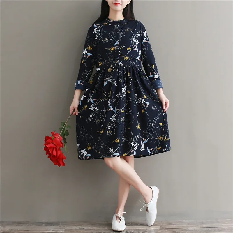 

Mori Girl Spring Autumn Women Cute Dress Stand Collar Floral Print Chiffon Vestidos Feminino Full Sleeve Navy Blue Vintage Dress