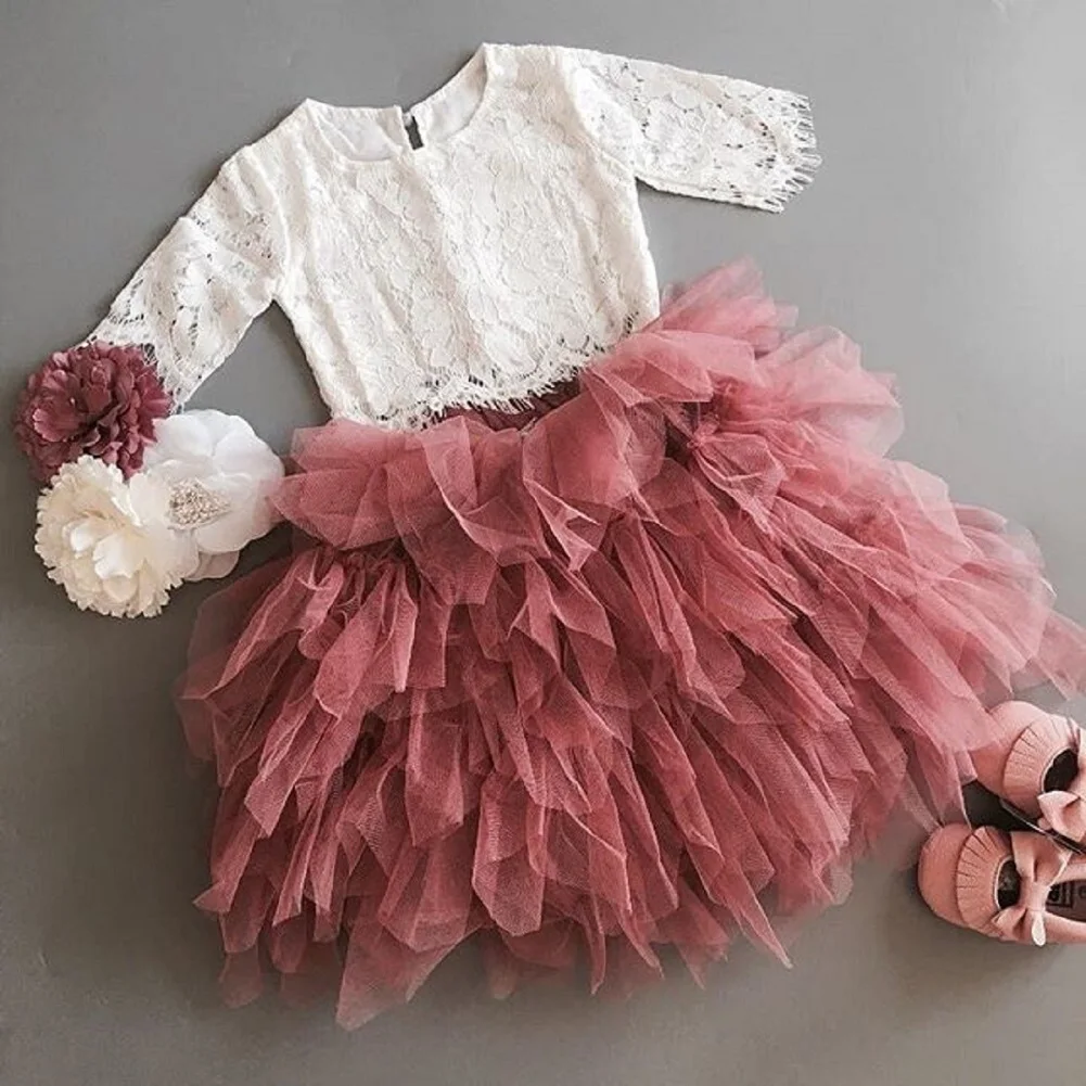 Эксклюзивная Одежда для девочек Одежда для маленьких девочек топы, футболка+ Кружевная юбка-пачка комплект одежды из 2 предметов, размер на возраст от 2 до 6 лет