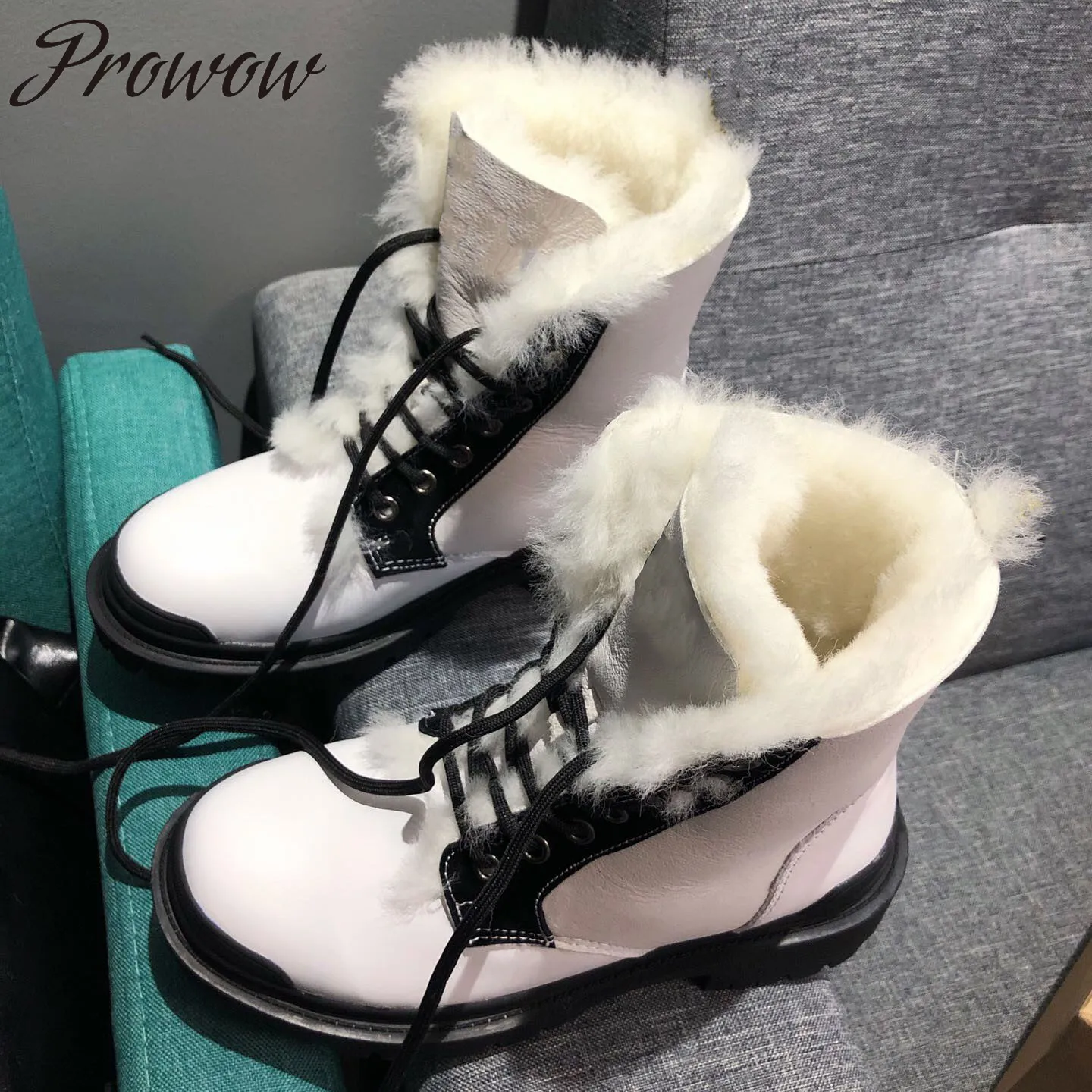 

Prowow New Genuine Leather Black White Round Toe Lace Up Ankle Boots Sheep Wool Cozy Warm Fur Winter Boots Shoes Women