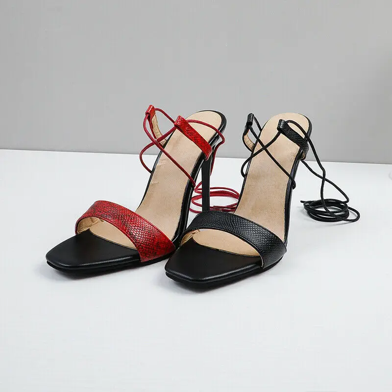 

Женские туфли на шпильке 11 см, искусственная кожа, ремешок, открытый носок, шнуровка, сандалии