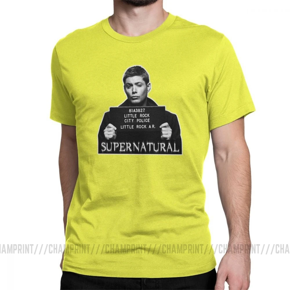 Dean Mugshot футболка Сверхъестественное SPN Brothers футболка мужские топы размера плюс забавная футболка с круглым вырезом из чистого хлопка - Цвет: Цвет: желтый