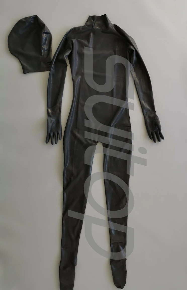 

New female's full cover catsuit without any zippers including socks and gloves and hoods (neck entry) in 0.4 mm thickn latlex