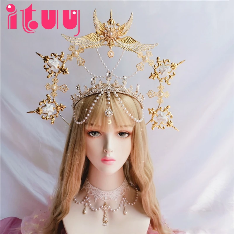 

Gothic Lolita KC Gothic Gold Halo Angel Wings Sun Godmother's Virgin Mary Goddess Headpiece Bead Chain Bride Hair Accessories
