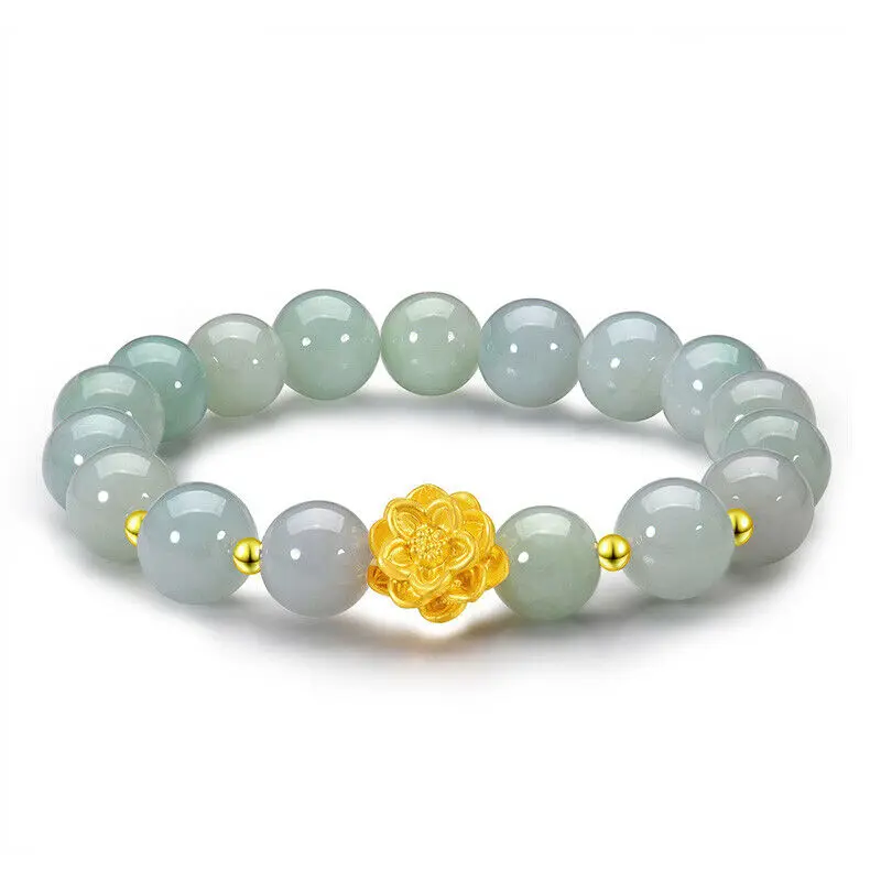 

999 24K Yellow Gold Bracelet Real Gold Smooth 3mm Beads 3D Hard Gold Lotus Jade/Jadeite Beads For Women Female 's Bracelets