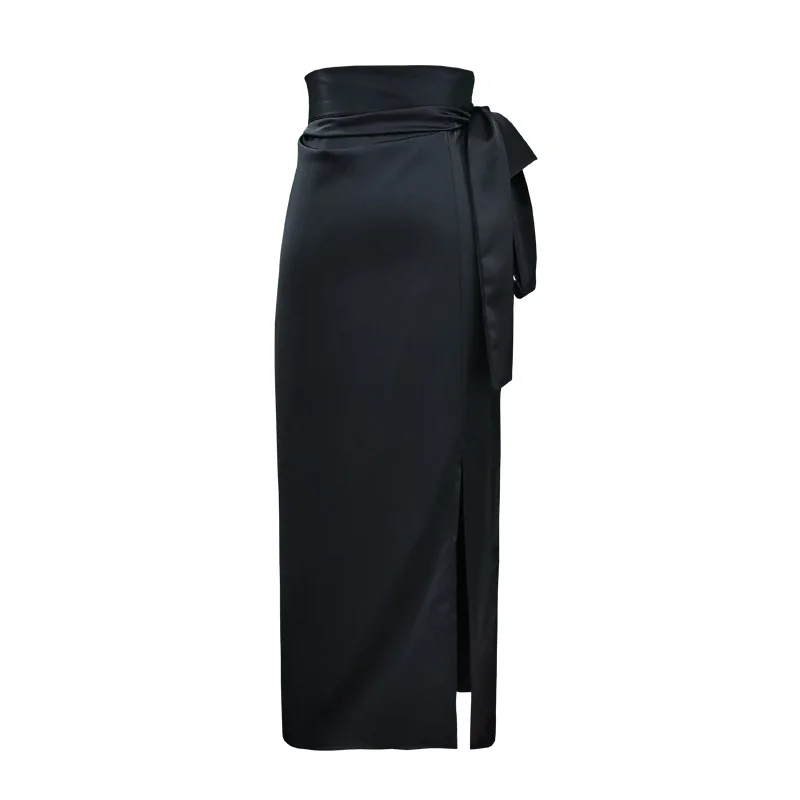 

GOOHOJIO 2020 New Autumn A-line Split Hip Long Skirts Lady Temperament Skirt Women Thin High Waist Solid Party Skirt for Women