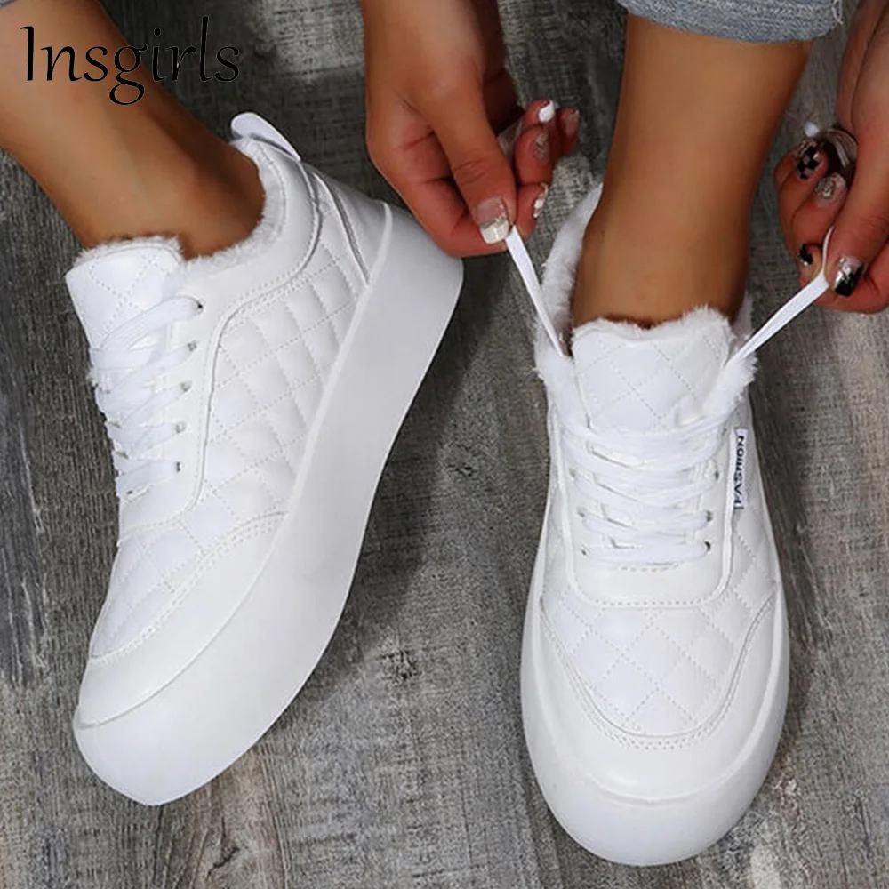 

Women's Warm Sneakers 2021 Winter New Fashion Plush Ladies Lace Up White Casual Shoes 35-40 Female Outdoor Walking Sport Flats