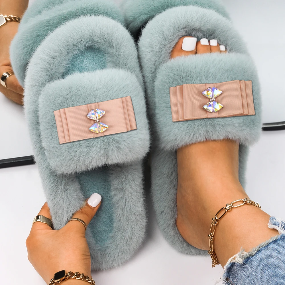 Women Sandals Fuzzy Slides Fashion Bow Decor Fluffy Slippers Luxury Brand High Quality Female Outdoor Casual Shoes Furry Slipper