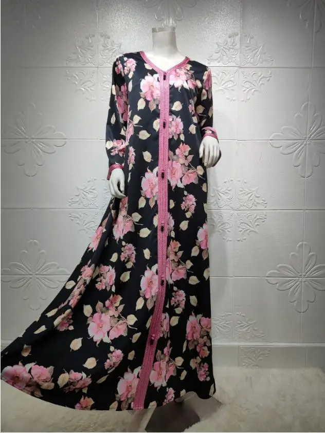 

Eid Ramadan Ethnic Print Maxi Dress for Women 2021 Loose Muslim Jalabiya Full Sleeve Arabic Oman Dubai Islamic Clothing