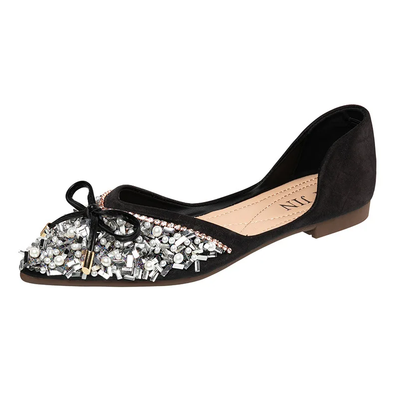 Women Ballet Flats Bling Crystal Diamond Wedding Shoes Ladies Bow Sequins Pointed Leisure Loafers Flat Sandals Big Size 35-43