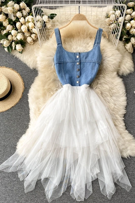

Women New Style Retro Denim Vest Dress Irregular Mesh Sweet Dress Women's Summer New Patchwork Sexy Dress Streetwear