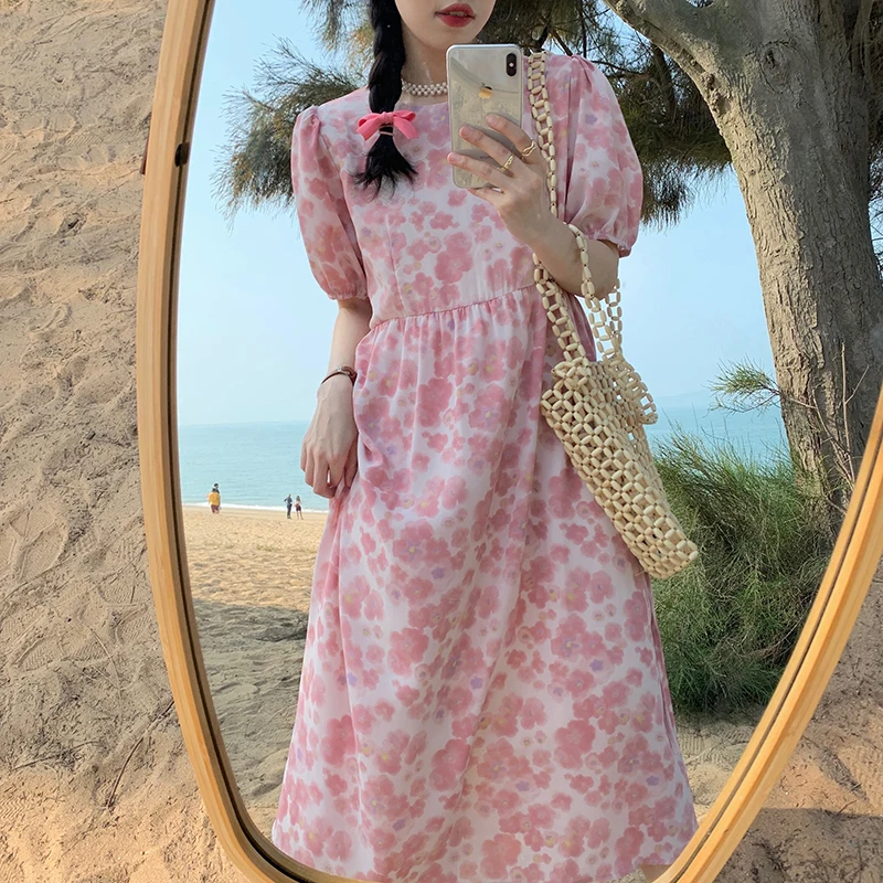 

COIGARSAM Cute Floral Women Long dress New Summer Puff Sleeve High Waist Dresses Purple Pink 6530