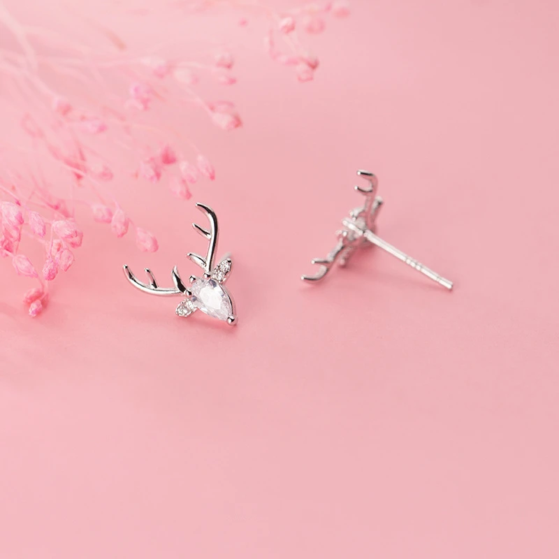 

925 Sterling Silver Jewelry Rose Gold Color Elk Shape Crystal Zircon Stud Earrings For Women Girls Party Gift