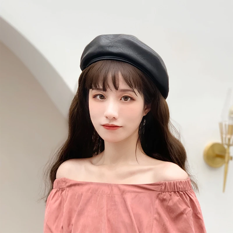 H3535 Women Beret Cap Japanese Retro PU Leather Painter Hat Girl Spring Autumn High Quality Fashion All-match Pure Color Hats