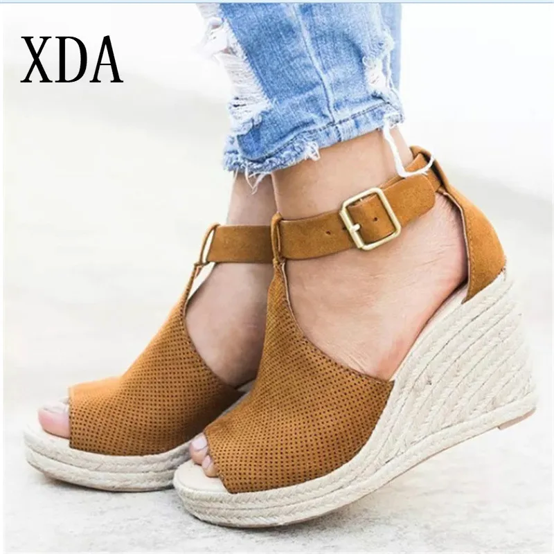 Женские соломенные сандалии XDA летние на танкетке с открытым носком плоской