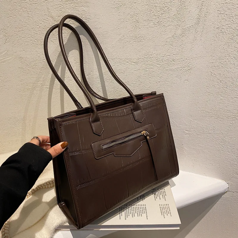 

Simple Solid Color Black Beige Large Capacity Leather Single Shoulder Bag Women Underarm Handbags Stone Pattern Totes