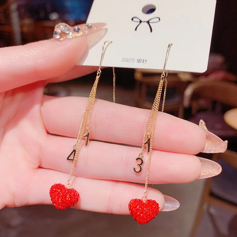 

2021 New Arrive Ins Hot Sale 14K Real Gold Long Red Love Tassel Stud Earrings for Women Daily Date Jewelry