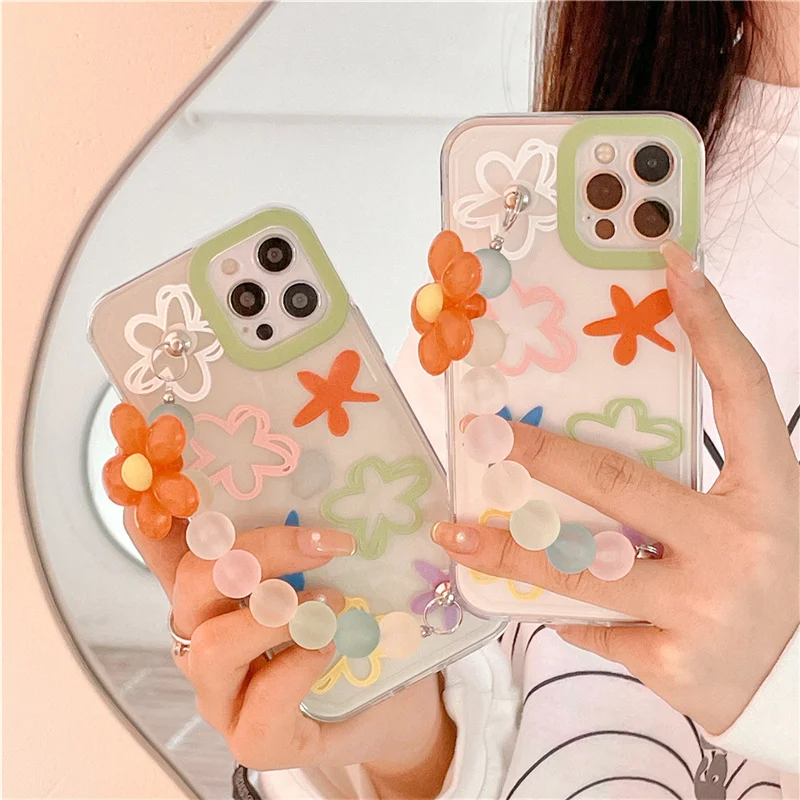 

Korea Cute Flower Bracelet Phone Case for iPhone 11 12 Pro XS Max Mini X XR 7 8 Plus SE Stylish Chain Soft Shockproof Back Cover