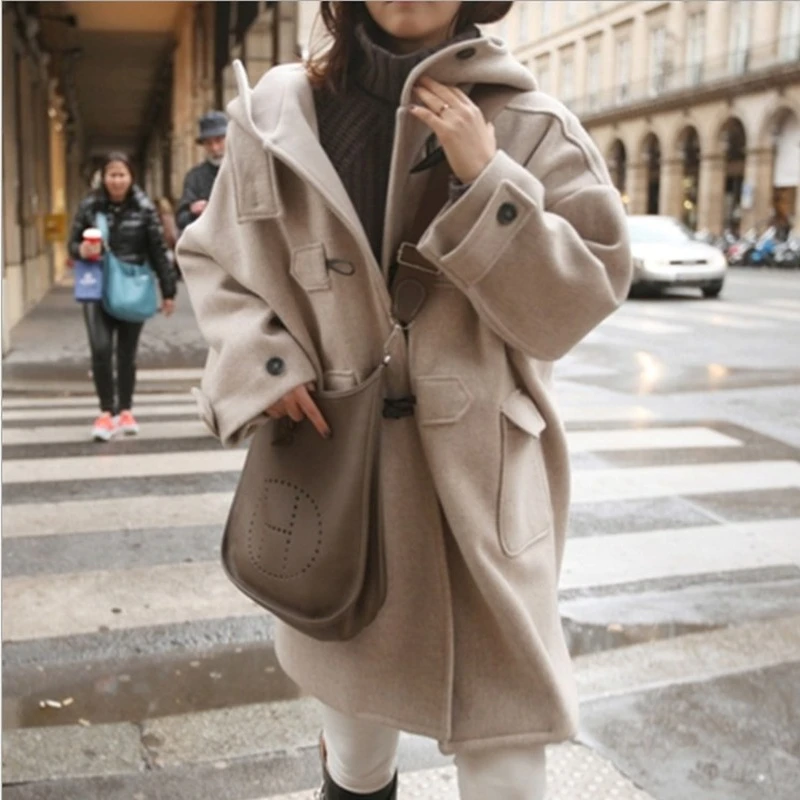 

Autumn Winter New Korean Hooded Plus Cotton Thicked Woolen Womens Coat Mid Length Loose Woolen for Women
