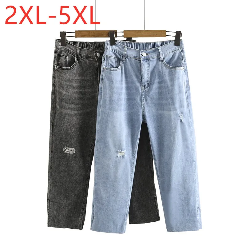 

New 2021 Ladies Summer Plus Size Jeans For Women Large Slim Elastic Hole Cotton Pocket Denim Cropped Trousers 2XL 3XL 4XL 5XL