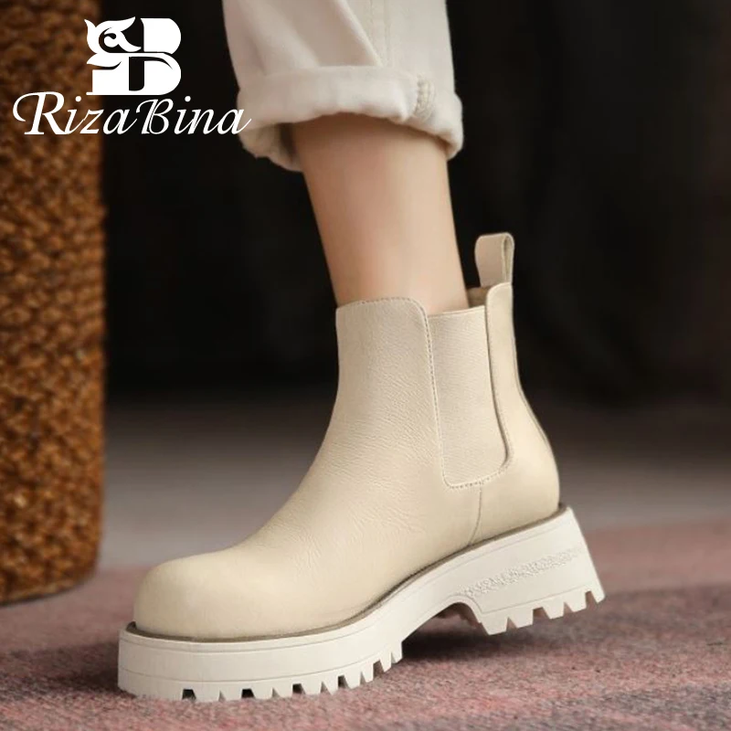 

RizaBina Women New Real Leather Ankle Boots Slip On Shoes Thick Heels Mixed Color Short Boot Cool Female Footwear Size 34-39